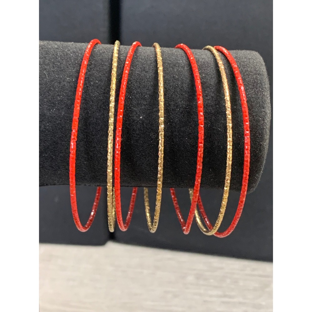 Set of 6 Red and Gold Textured Metal Bangle Bracelets 6 Inch Stackable Bohemian